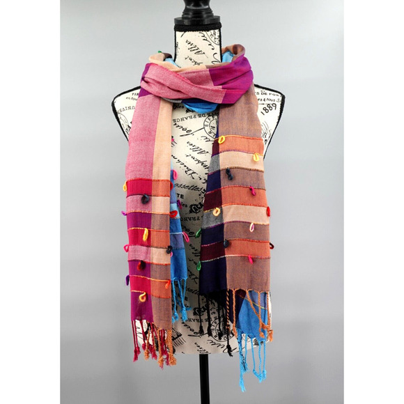 Womens Boho Scarf Wrap Womens OS Multi-color Fringe Shawl Artsy Lagenlook - Picture 1 of 12